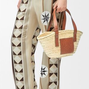 Loewe NWT Raffia palm leaf basket top handle shoulder bag with calf leather